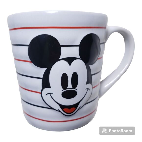 Disney Mickey Mouse Embossed Face Striped 16oz Ceramic Mug White Red Black - Picture 2 of 5